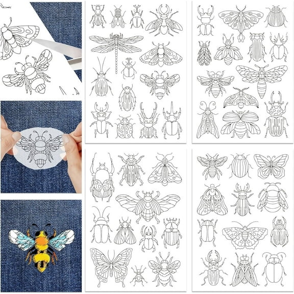 4 Sheets Insect Patterns Stick and Stitch Water Soluble Stabilizer for Embroidery Adhesive Hand Sewing Stabilizers Non-Woven Fabrics Drawing Sketch 11.7x8.3inch DIY