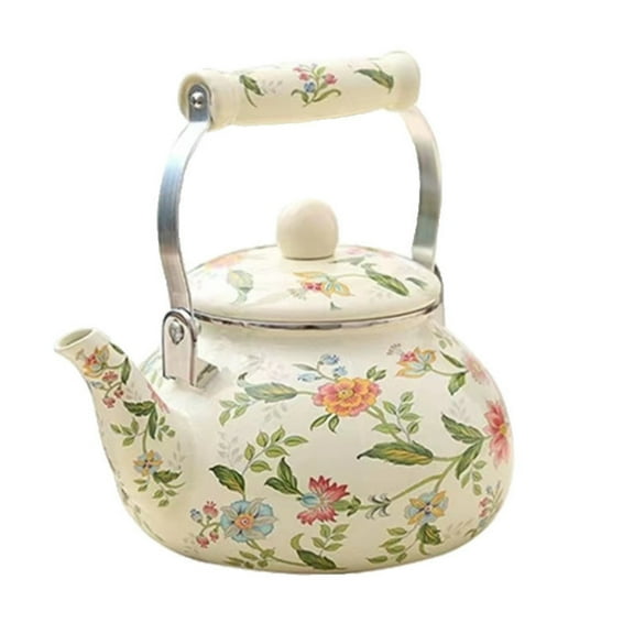 Vintage floral pattern, vintage enamel tea kettle with steel handle, 2.5 l, teapot tea kettle with comfortable handle for home and office