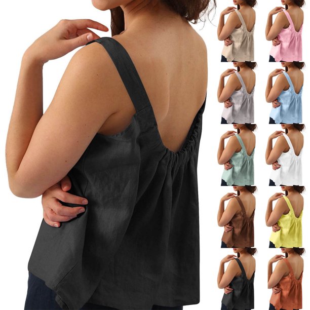 Blusa de manga larga,Camiseta sin mangas con cuello cuadrado de color liso para mujer, diseño sin mangas y espalda descubierta, tela suave de mezcla de algodón, ropa informal de verano, sopatenor