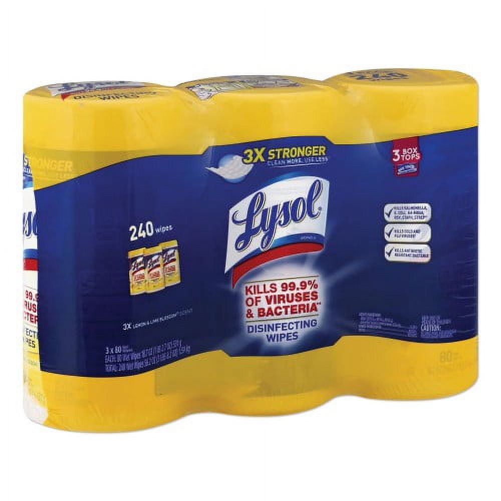 LYSOL Brand Disinfecting Wipes, 1-Ply, 7 x 7.25, Lemon and Lime Blossom, White, 80 Wipes/Canister, 3 Canisters/Pack, Each