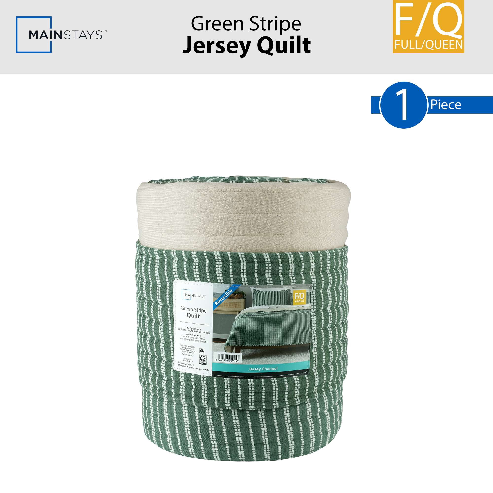 Mainstays Jersey Quilt Bedding Green Striped 60% Cotton, 40% Polyester Jersey Knitted Weave Quilts, Full/Queen, Reversible, Breathable