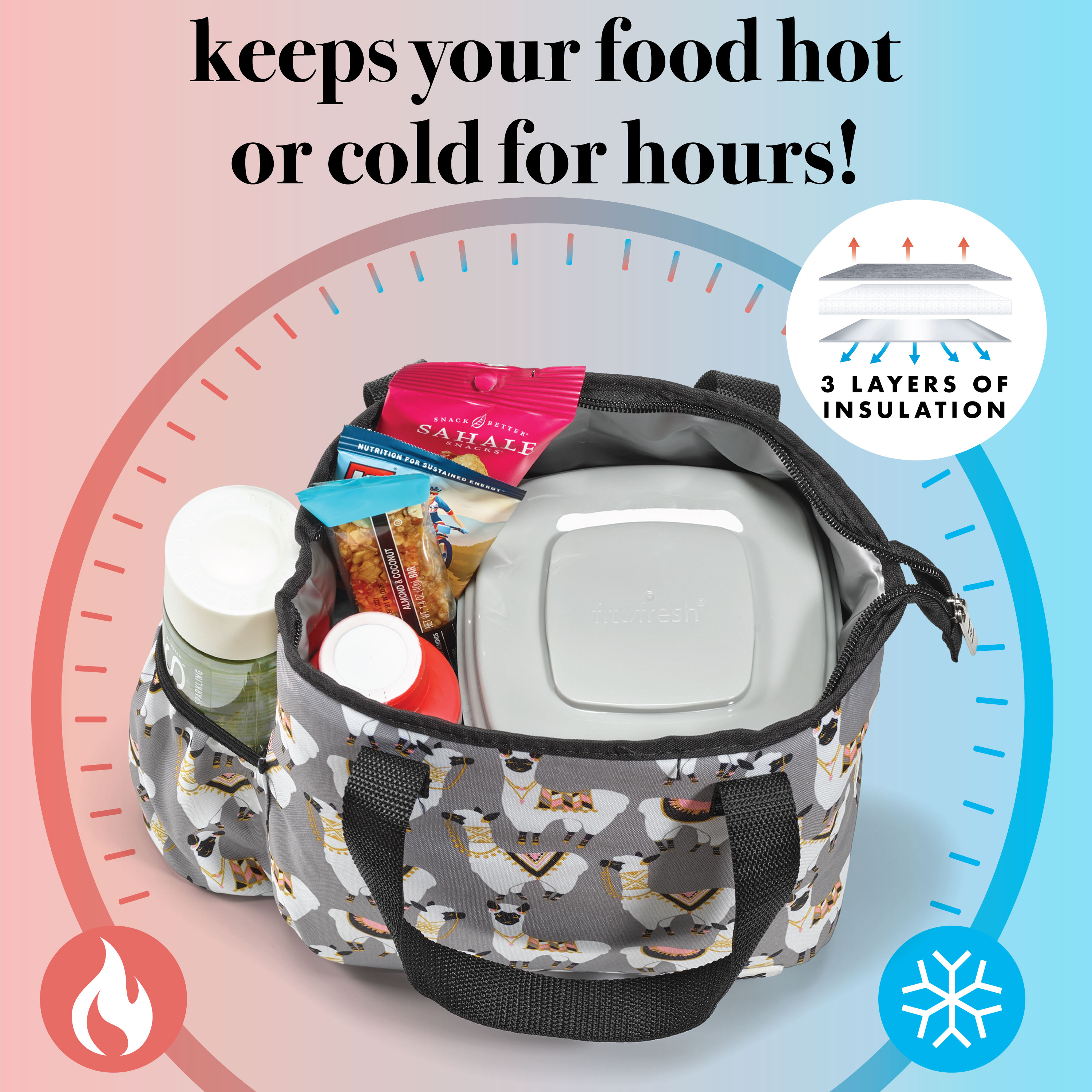 Fit + Fresh Women's Fashion Insulated Leak-Proof Lunch Bag with Zipper Top and Salad Container - Gray Llamas