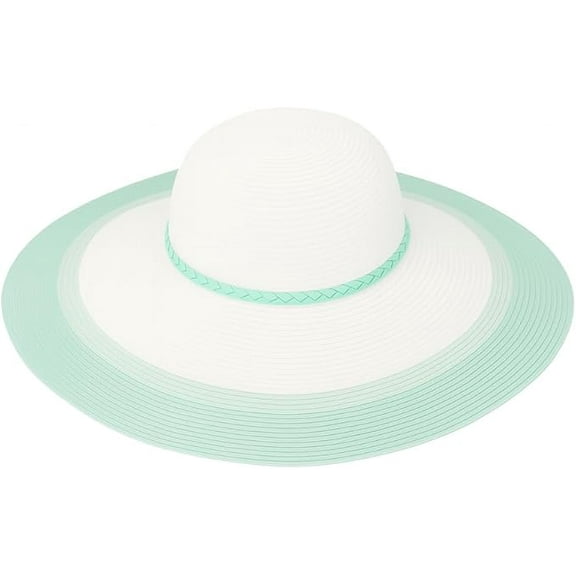 Women’s Wide Brim Sun Hat – White Straw Beach Hat with Aqua Green Brim & Braided Band – Foldable Packable Summer Hat for UV Protection