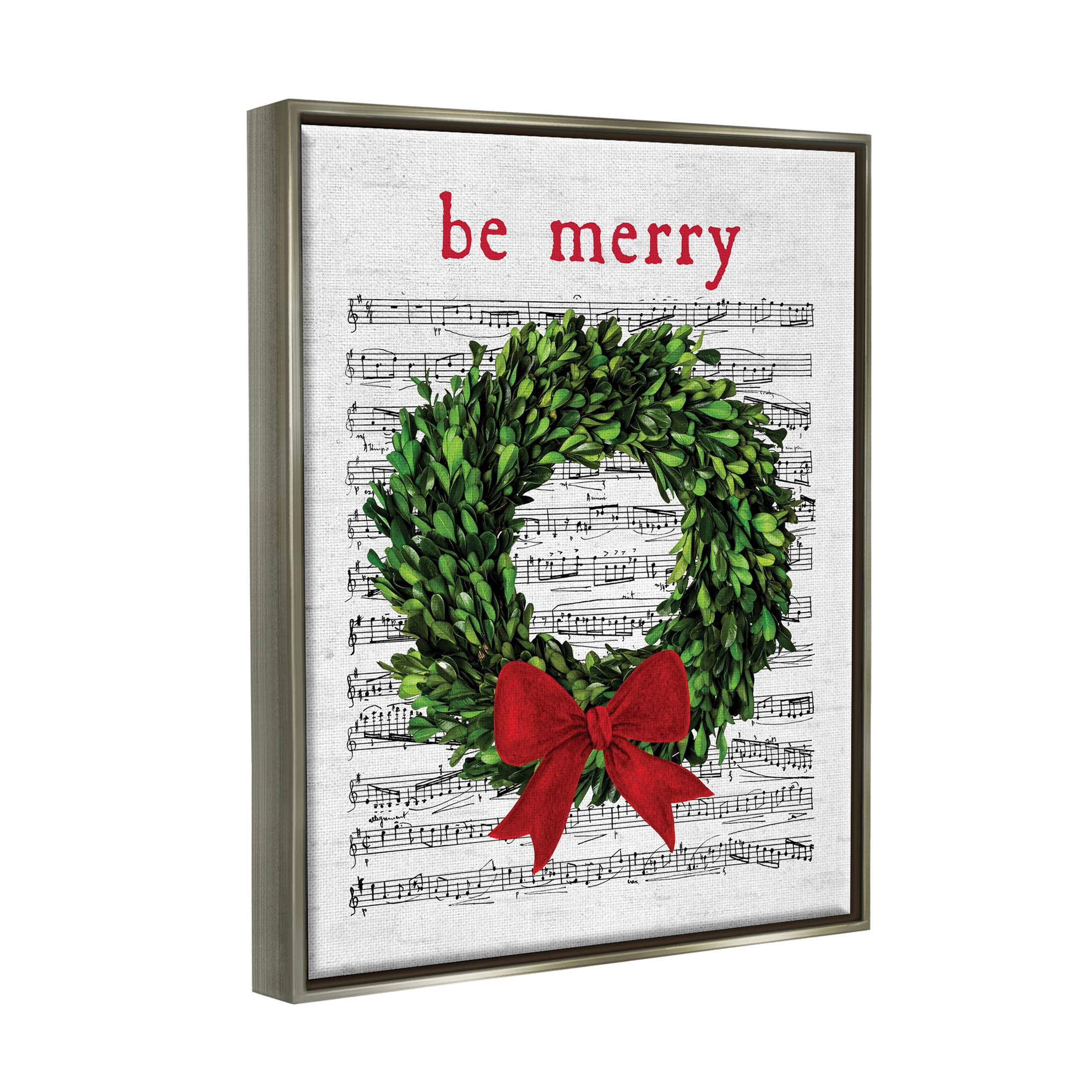 Stupell Industries Be Merry Holiday Music Wreath Graphic Art Luster Gray Floating Framed Canvas Print Wall Art, Design by Lettered and Lined