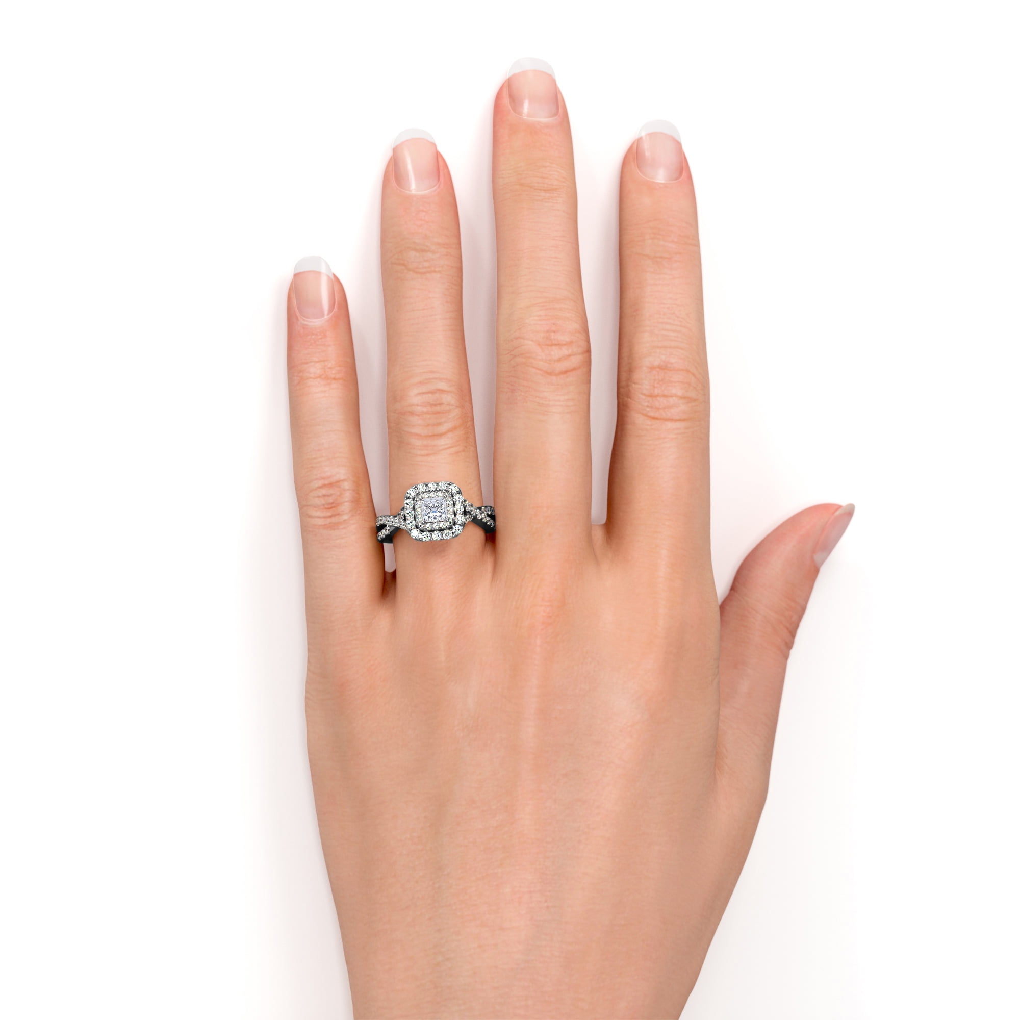 JeenMata Elegant Square Cut Lab Grown Diamond - Twisted Band - Pave - Double Halo Gothic Engagement Ring - 10K Black Gold