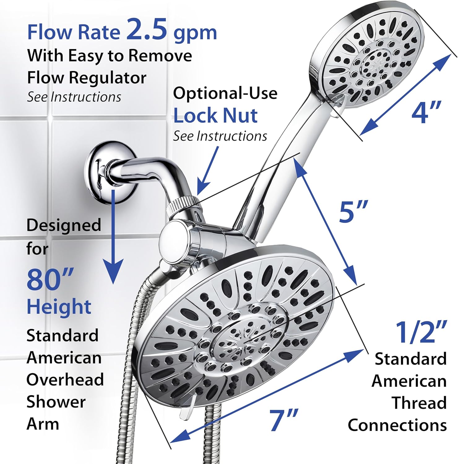 Premium High Pressure 3-Way Rainfall Combo for The Best of Both Worlds - Enjoy Luxurious Rain Showerhead and 6-Setting Hand Held Shower Separately or Together