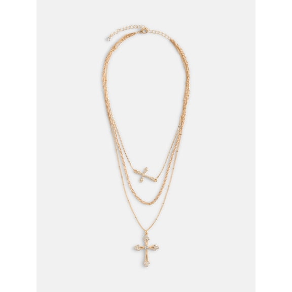 No Boundaries Women’s Gold Tone Cross Layered Necklaces, 3 Piece
