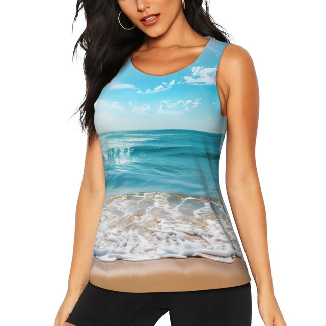 Balery Sunny Ocean Waves Camiseta sin mangas estampada ligera para mujer, tops de entrenamiento sin mangas, camisetas de yoga transpirables de secado rápido.-Large