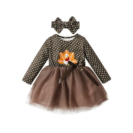 

ZIYIXIN Toddler Baby Girls Thanksgiving Day Outfits Long Sleeve Polka Dot Turkey Bowknot Tutu Dress+Headband Set Brown 3-4 Years
