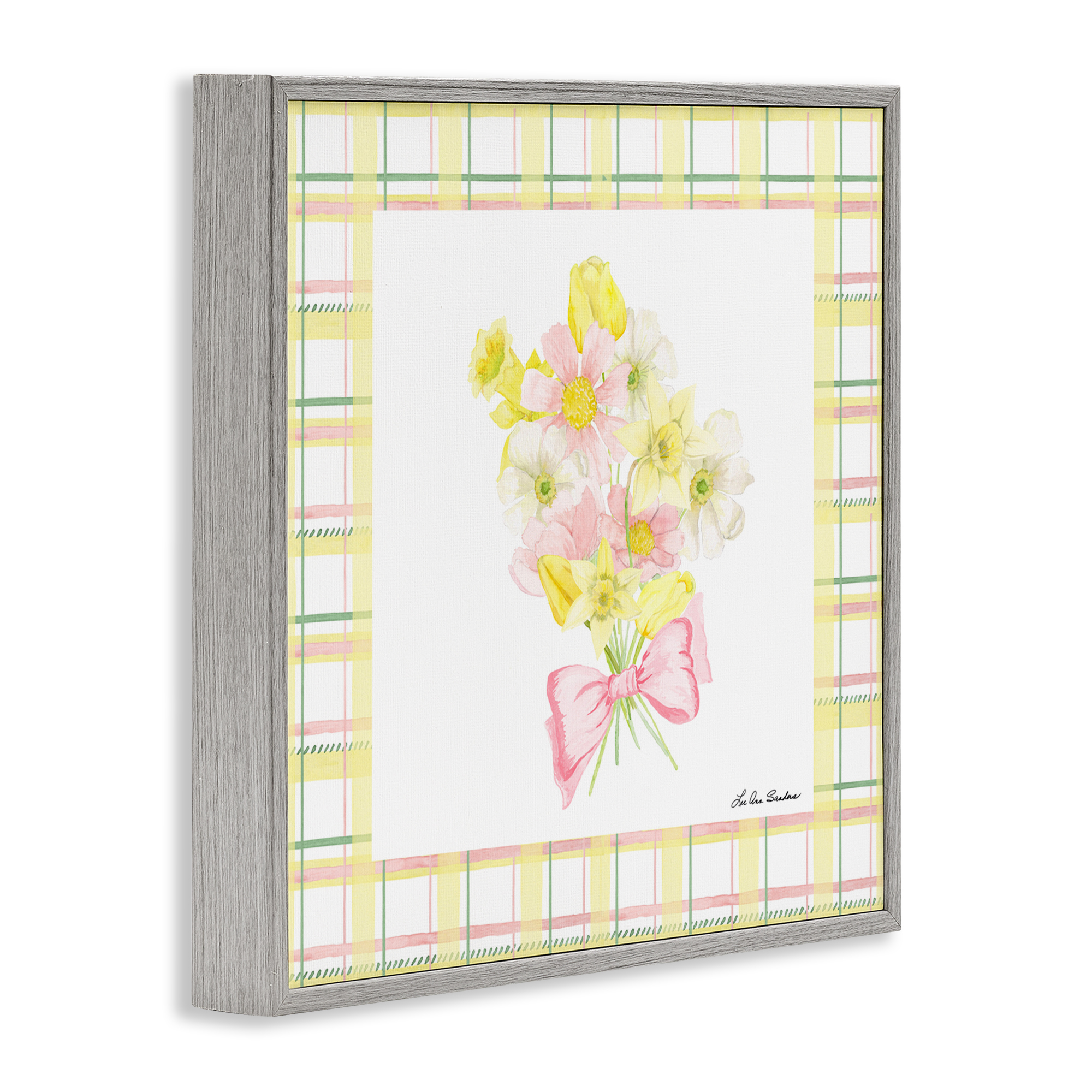 Spring Daffodils on Plaid Gray Framed Giclee Art, design by Lee Ann Sanders