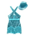 thumbnail image 4 of Manyakai Womens Latin Dance Outfit Glittery Sequins Tassel Leotard Fringe Metallic Bodysuit with Hat Sky Blue S, 4 of 7