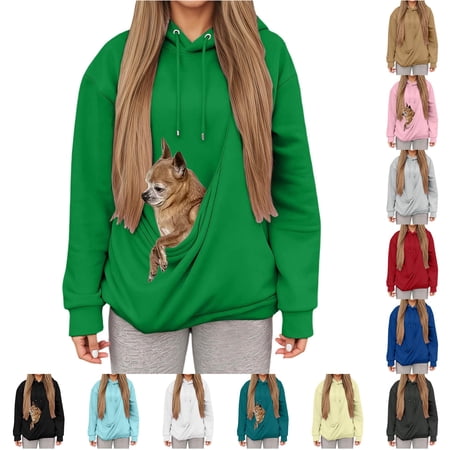 XAOFW Cozy Winter Hoodies For Women Long Sleeve Hooded Sweatshirt Loose Fit Pullover Hoodies With Large Pet Pouch Comfortable Tops XXL