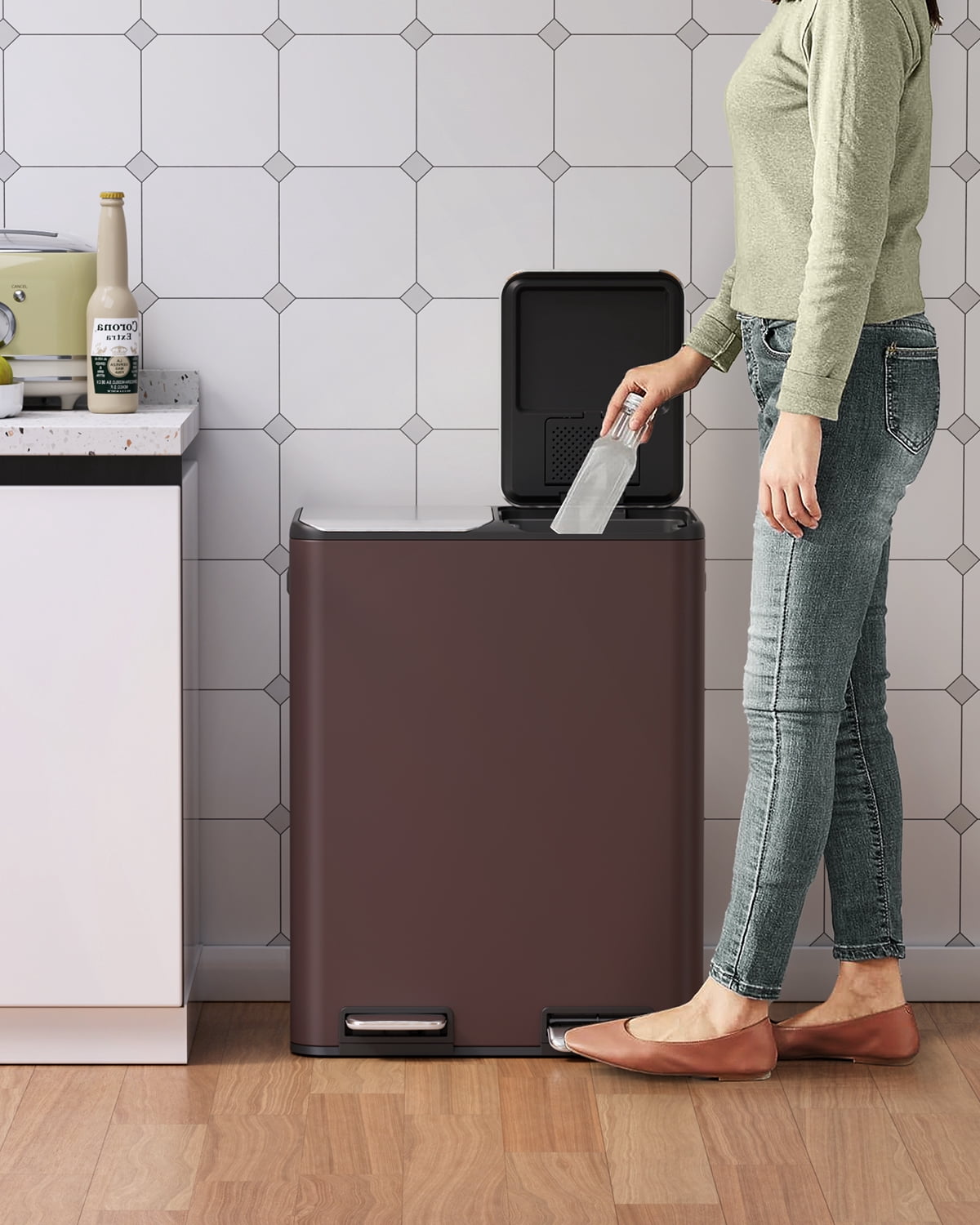 Pirecart 16 Gallon Dual Trash Can Stainless Steel Step Garbage Can Rubbish Bin with Soft-Close Lid, Brown