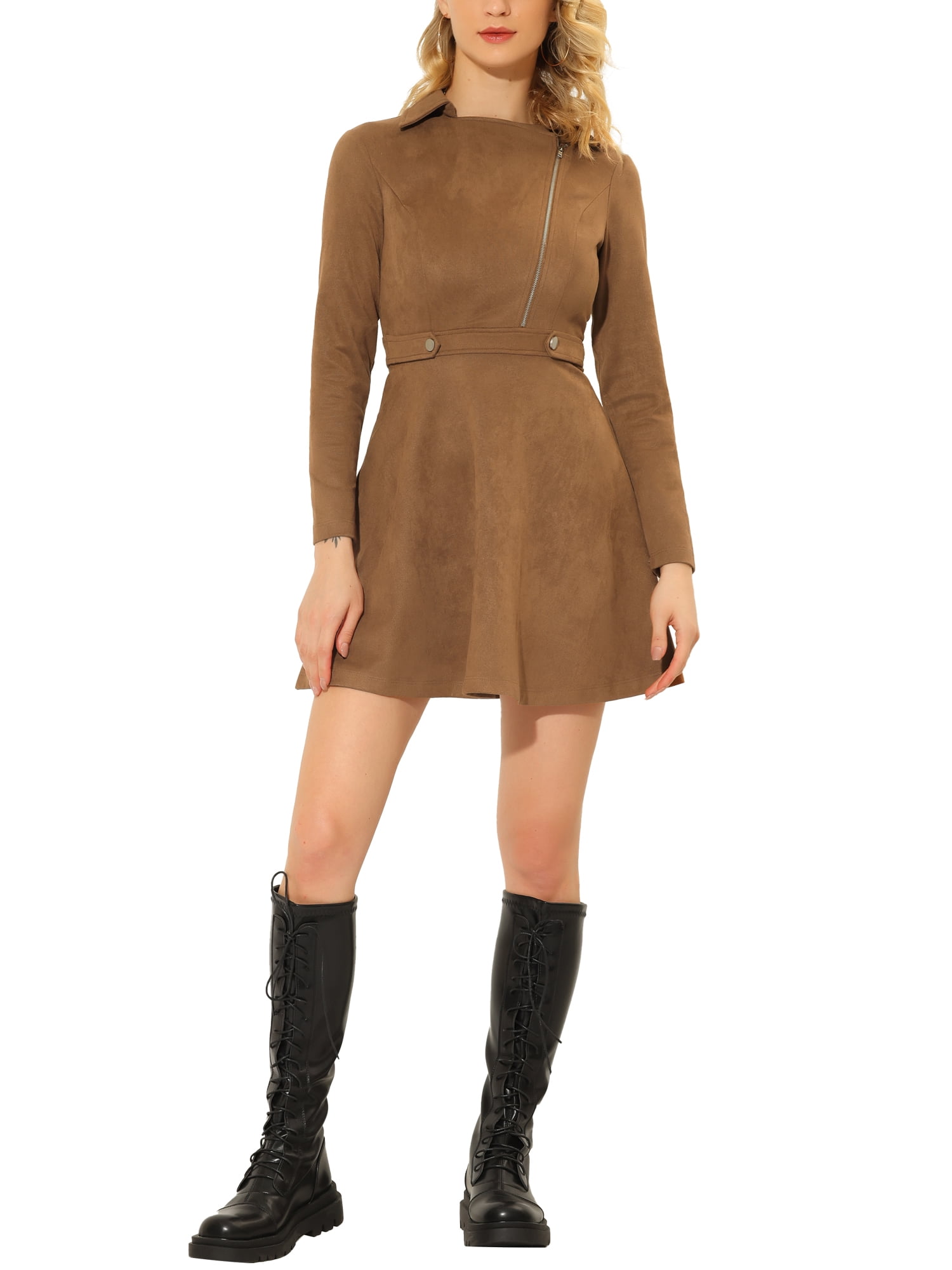 Unique Bargains Women's Faux Suede Dress Notched Collar Long Sleeve Dresses S Brown
