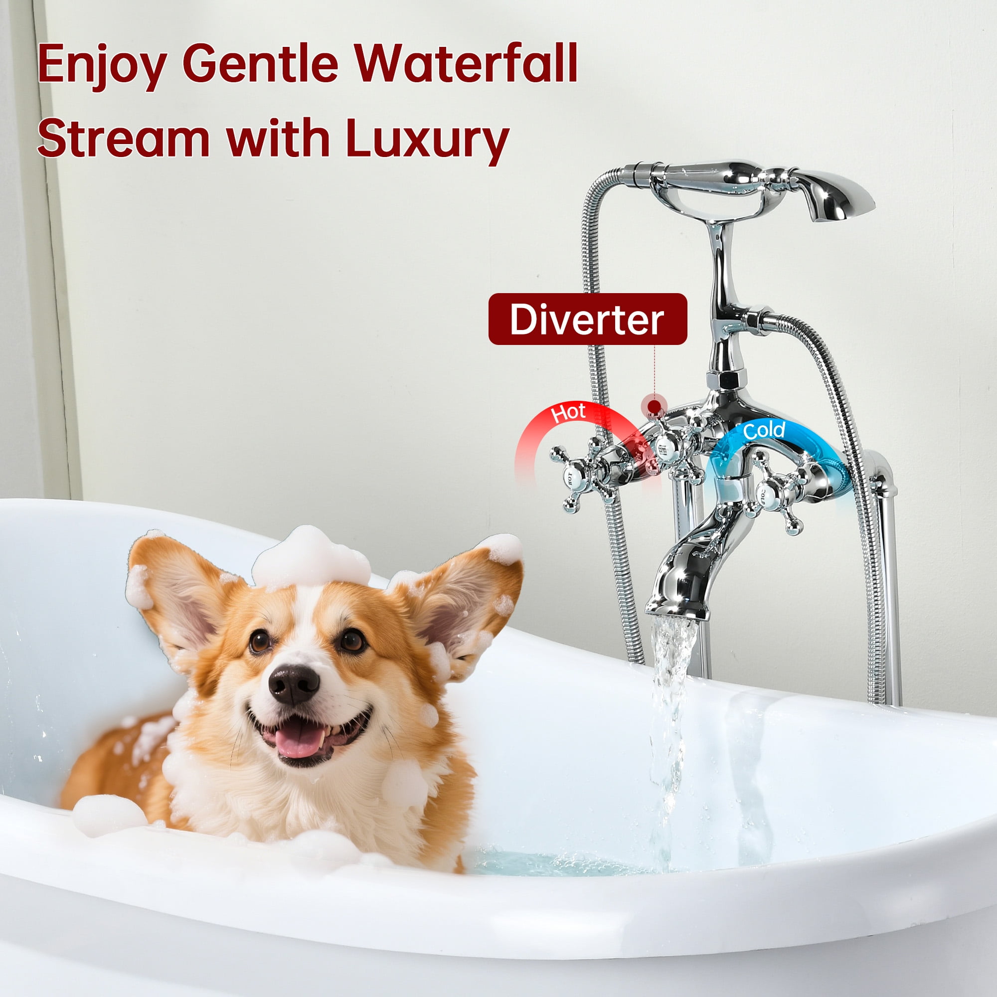 SUMERAIN Waterfall Freestanding Bathtub Faucet with Hand Shower, Antique High Flow Floor Mount Tub Filler, Chrome Finish