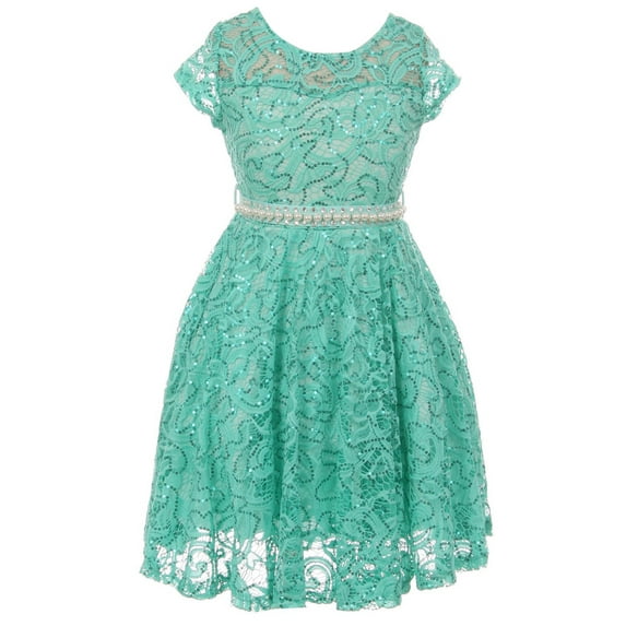 Little Girls Short Sleeve Lace Glitter Skater Pearl Belt Special Occasion Flower Girl Dress Jade 2 (J21KS02)