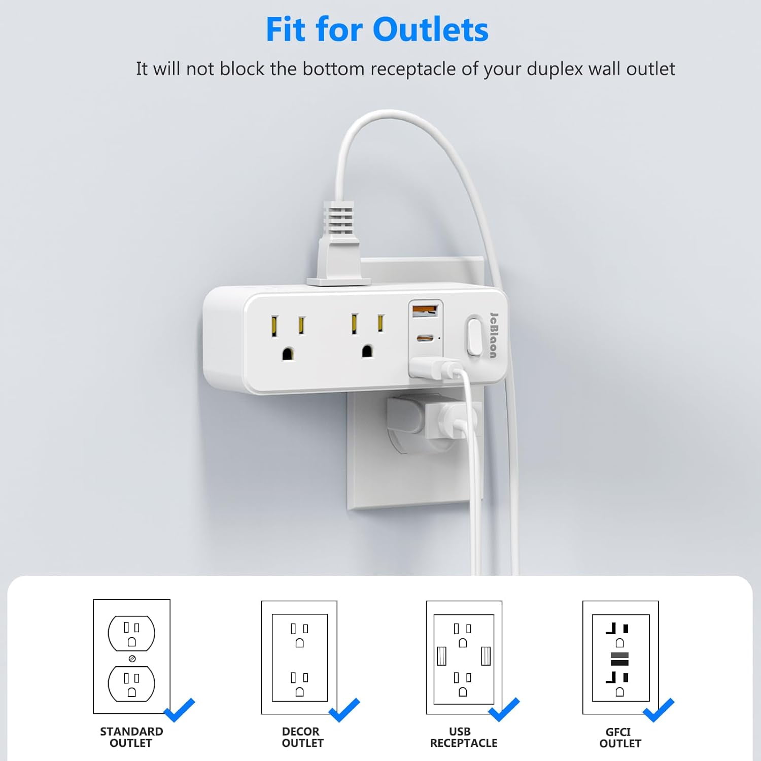 JcBlaon Power Strip Surge Protector Adapter, 6 AC Outlets 3 USB Ports Outlet Extender, White