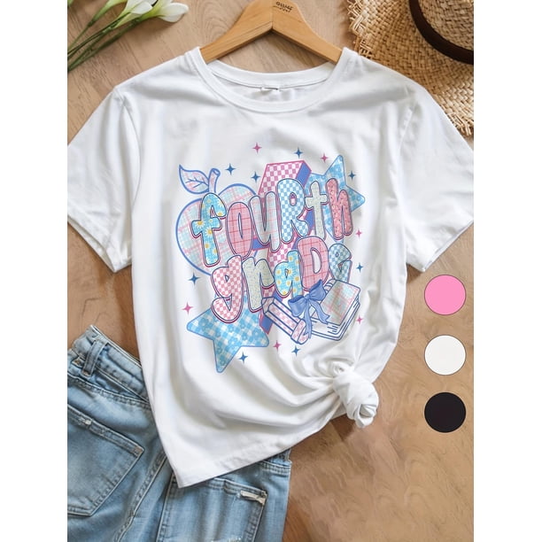 Girls' Fourth Grade Graphic Tee - Cute Cartoon Character Design, Breathable Cotton Loose Fit T-Shirt for Spring & Summer, Crew Neck Short Sleeve Top, Playful Teen Fashion, Medium Stretch Fabric