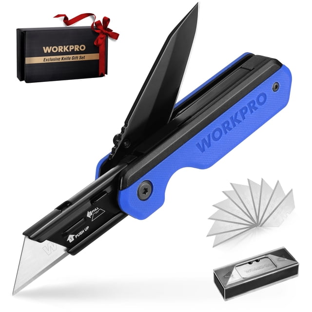 Cuchillo plegable/navaja multiusos WORKPRO 2 en 1 con 10 hojas, color azul