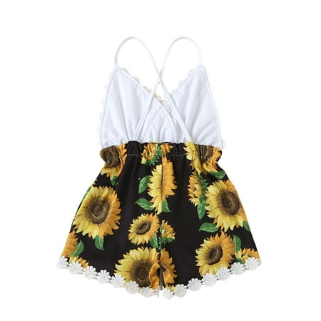 

TheFound Newborn Baby Girl Romper Summer Clothes Sunflower Straps Backless One Piece Romper Jumpsuit Summer Outfits
