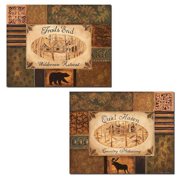 2 Set Cabin Wall Art; Trails End and Quiet Haven Moose and Bear Prints; Two 14x11 Poster Prints
