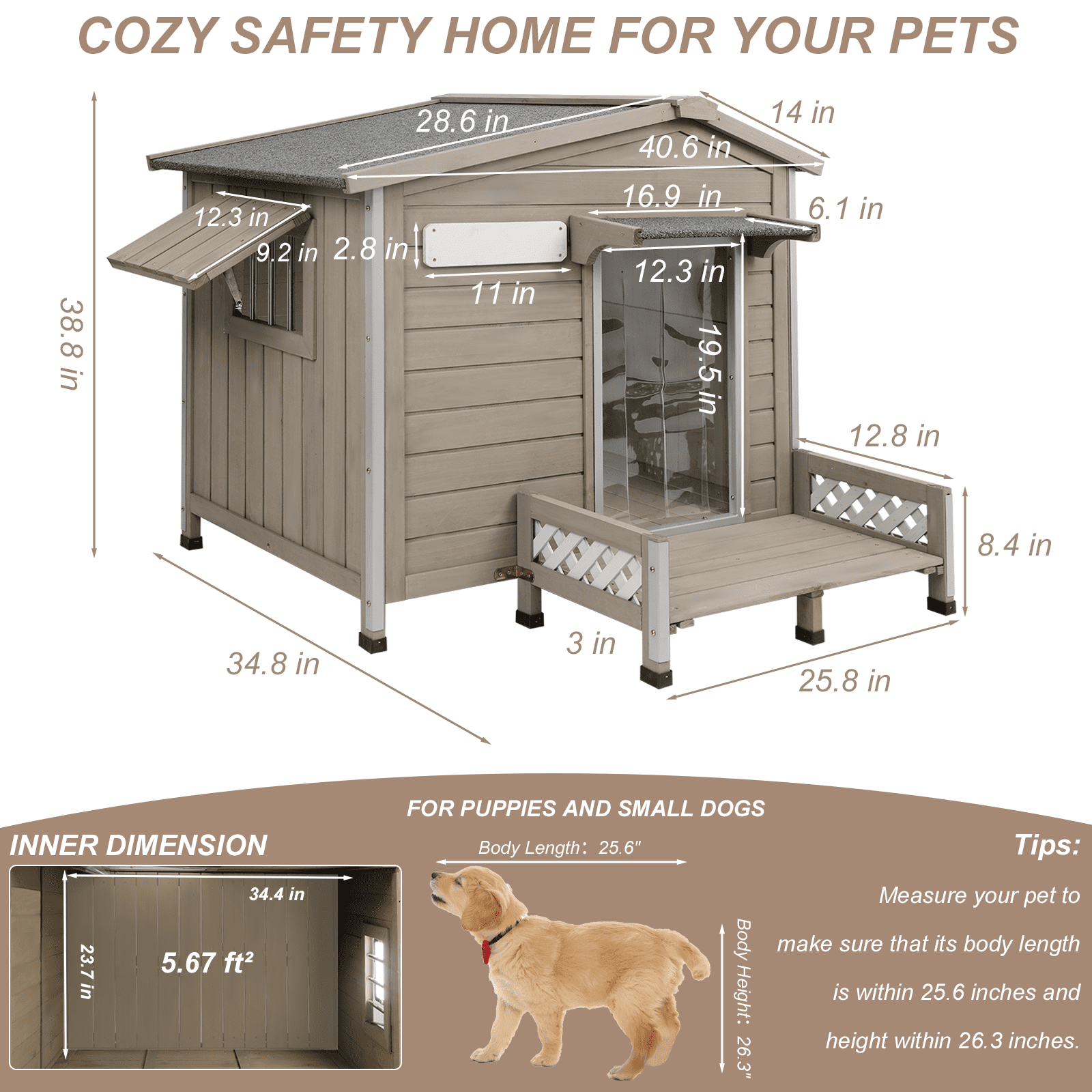 Gowoodhut 41" L Outdoor Dog House with Porch, Wooden Dog Kennel with Asphalt Roof