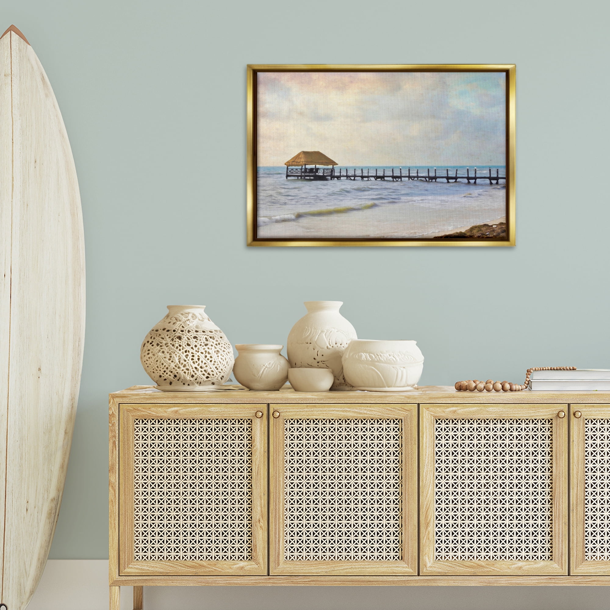 Stupell Industries Paradise Pier Shoreline Nautical & Beach Painting Gold Floater Framed Canvas Art Print Wall Art, 31 x 21