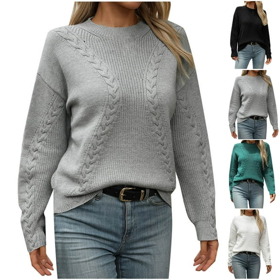 Ashirexll Winter Sweaters for Women, Pullover Sweaters for Women, Womens Minimalist Solid Color Round Neck Long Sleeve Pullover Knit Sweater