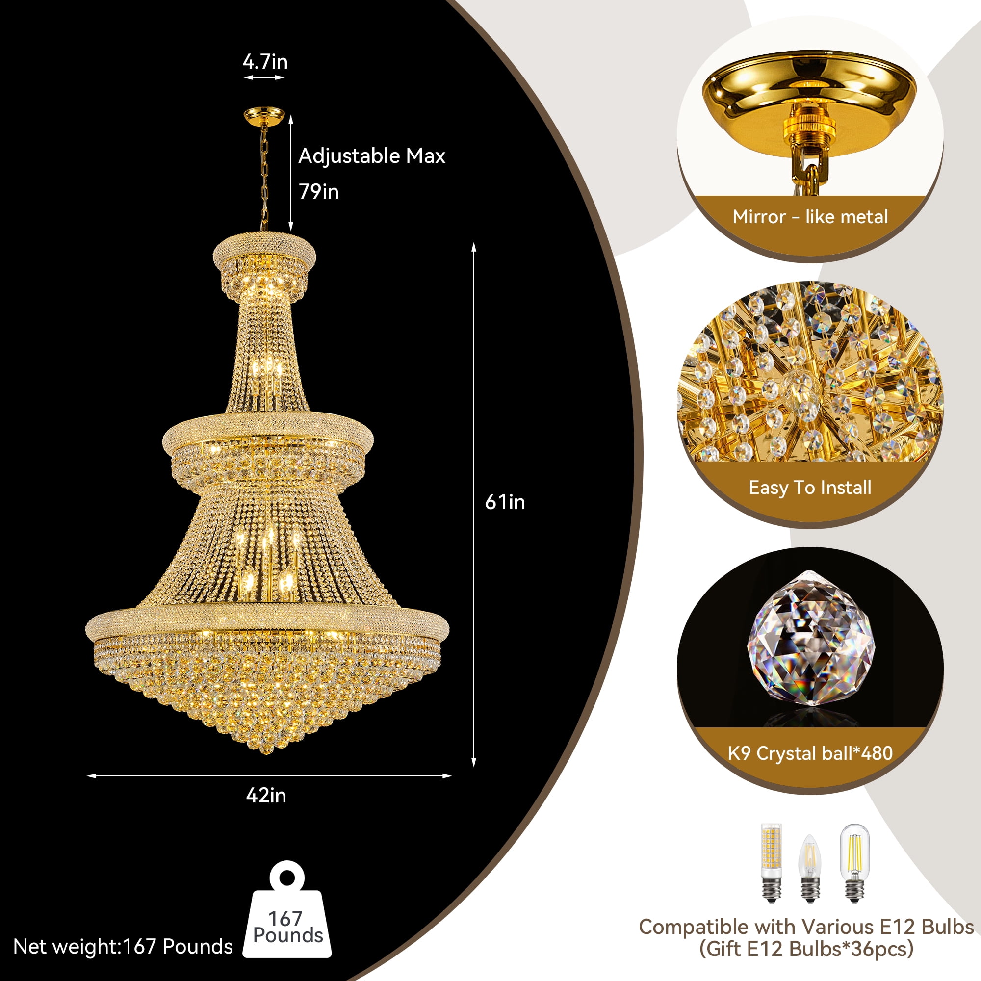 Luxury Empire Gold Crystal Chandelier, 3-Tier K9 Crystal Raindrop Ceiling Light Fixture, 36 E12 Bulbs Included, Adjustable Chain for High Ceiling Foyer, Grand Staircase, Living Room (42" W*61" H)