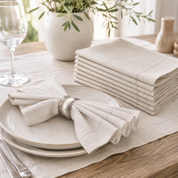 Bedding Craft Linen Dinner Napkins Hemstitched Edge Soft Reusable Dining Table Napkins Natural 18 x 18 in Set of 24