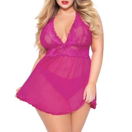 Women's Seven 'til Midnight 10672X Plus Two Piece Lace Babydoll Set (Hot Pink 1X-2X)