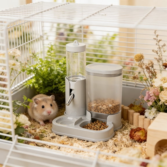 FEOLGEHLY Slow Feed Small Pet Automatic Feeder Water Dispenser, 2-In-1 Food Bowl Water Bottle Combo Feeding Drinking Station for Hamsters Golden Bears and Other Small Pets