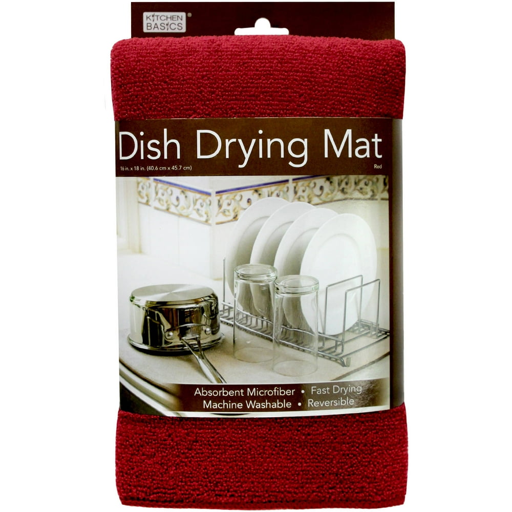Kitchen Basics Reversible Microfiber Dish Drying Mat, Red, 16" x 18