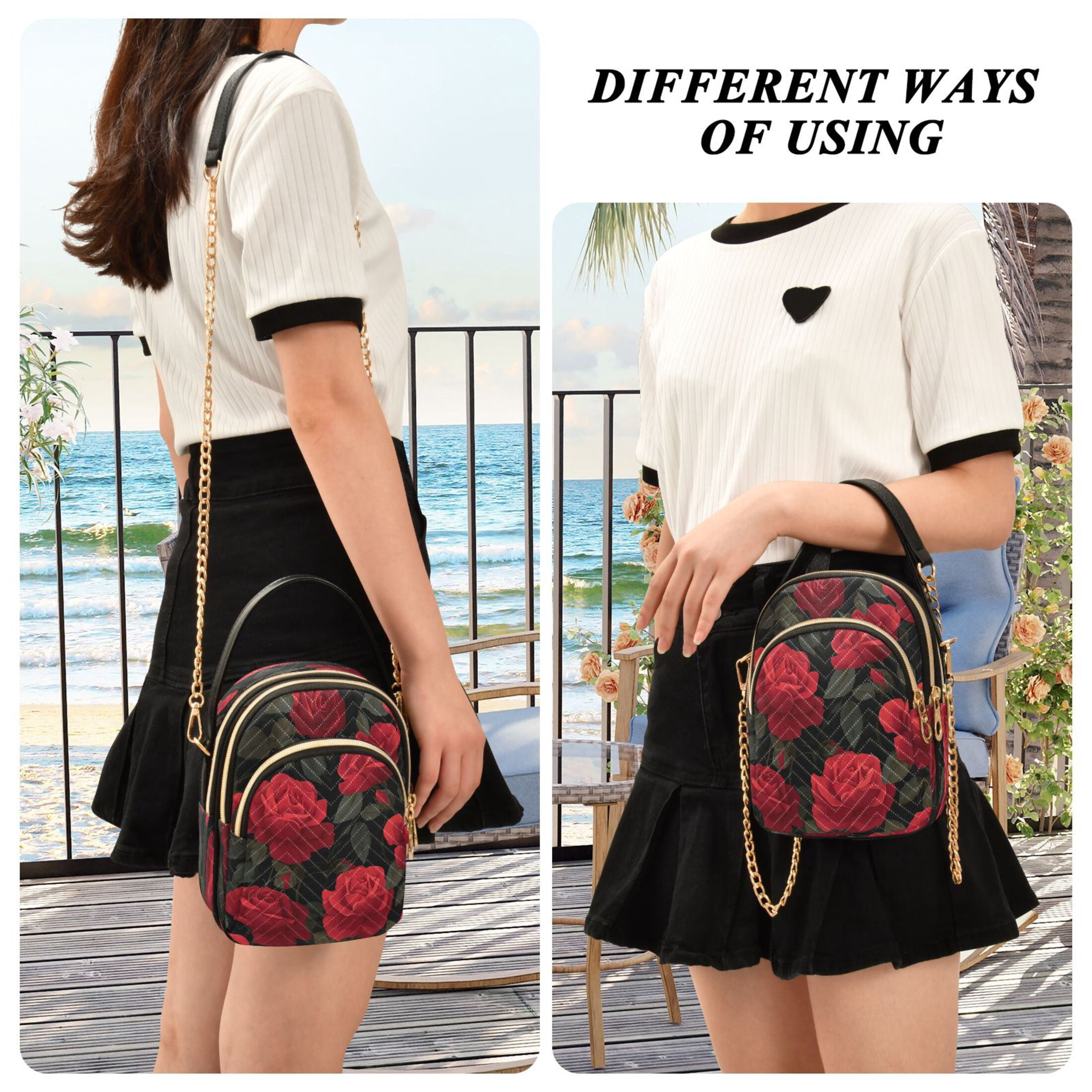 Quilted Women's Crossbody Bag Purses and Handbags with Detachable Leather Strap Red Roses Pattern
