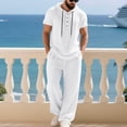 thumbnail image 2 of FRSASU Men's 2 Piece Linen Outfits Short Sleeve Henley Hooded Shirt and Beach Pants Set Casual Summer Matching Set White, 2 of 9