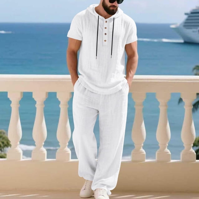 Ceisia Men's Loose Fit Cotton-Linen Like 2-Piece Set Hooded Short Sleeve Shirt with Elastic Waist Wide Leg Pants Gifts
