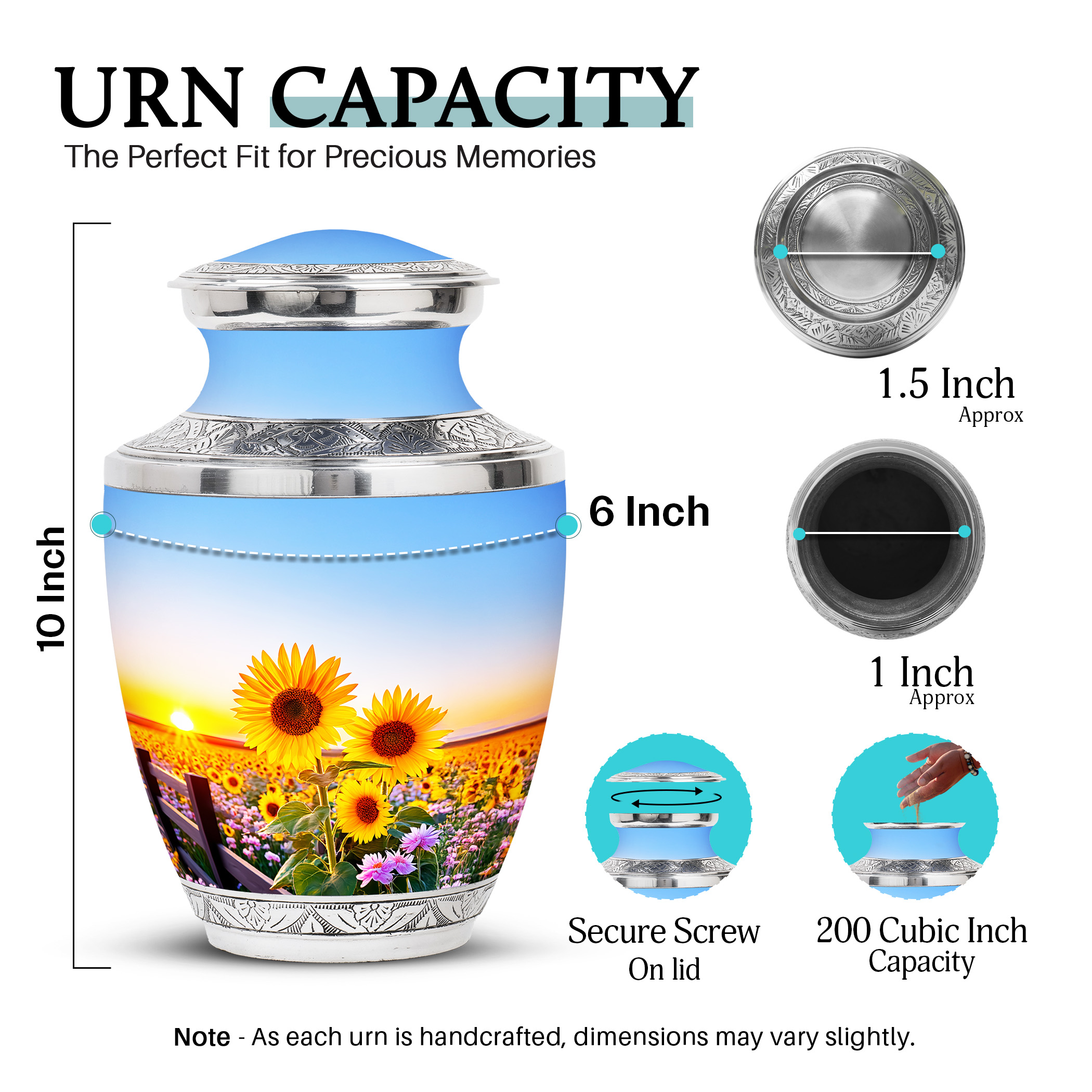 SABURIAL Sunflower Urn - Burial Urns For Adult Human Ashes - 10 Inch - Large With Velvet Bag - Funeral Urn Adult Ash Man & Women - Memorial Burials For Ash - Cremation For Ashes
