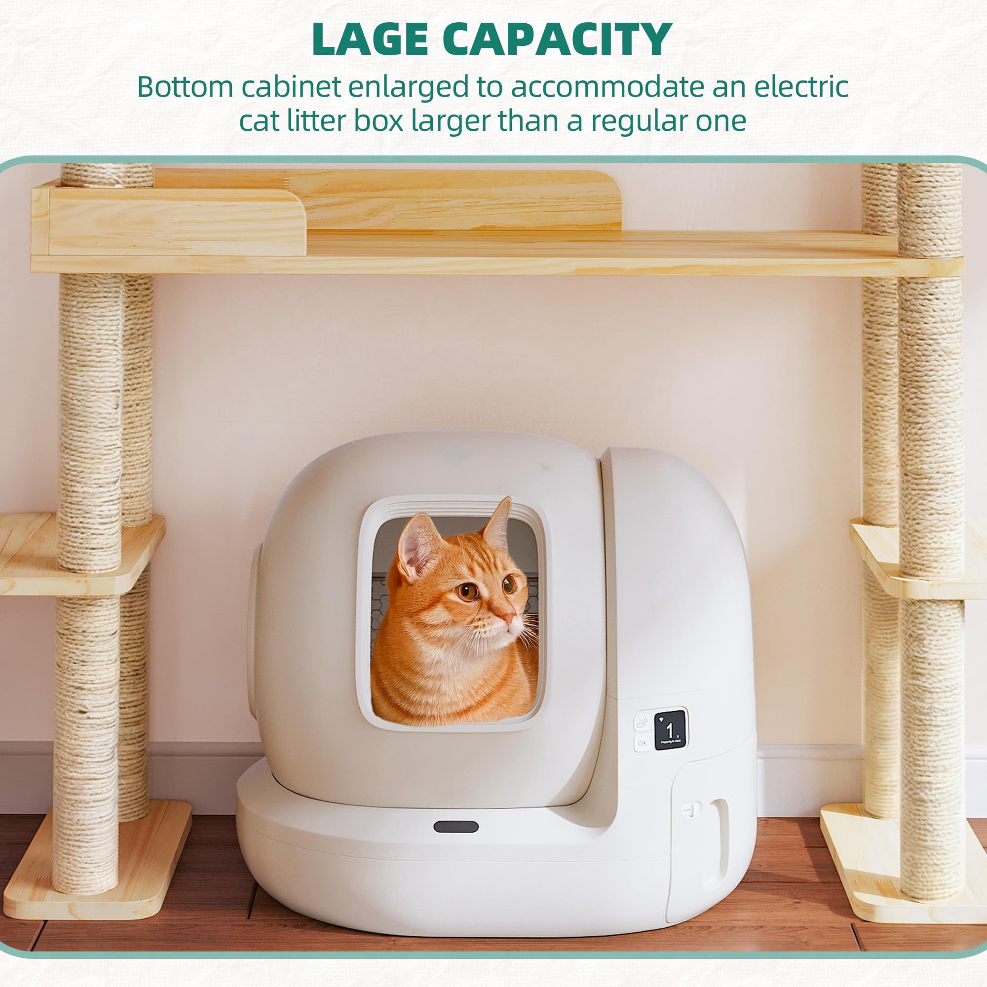 Wood Cat Tower For Automatic Litter Box  60"h Tree With Multi-level Solid Indoor Large Cats Tall Furniture W/cats House Burlywood