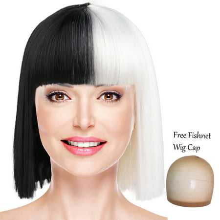 Sia Wig Two Tone Short with Straight Bands Shoulder Length for Cosplay Pop Singer Black and White