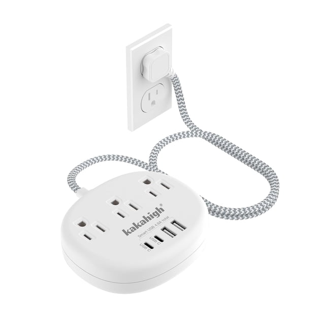 Cable de extensión corto con protector contra sobretensiones (1080J) - Cable de extensión pequeño, mini cable de extensión con 3 salidas de CA y 3+ USB, estación de carga junto a la cama para el hogar