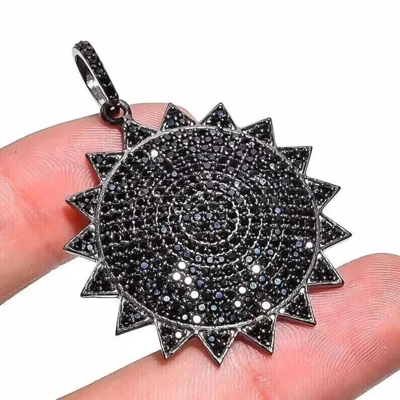 Men's 3.00Ct Round Cut Lab Created Black Diamond Sun Shape Pendant in 14K White Gold Plated 2 inch