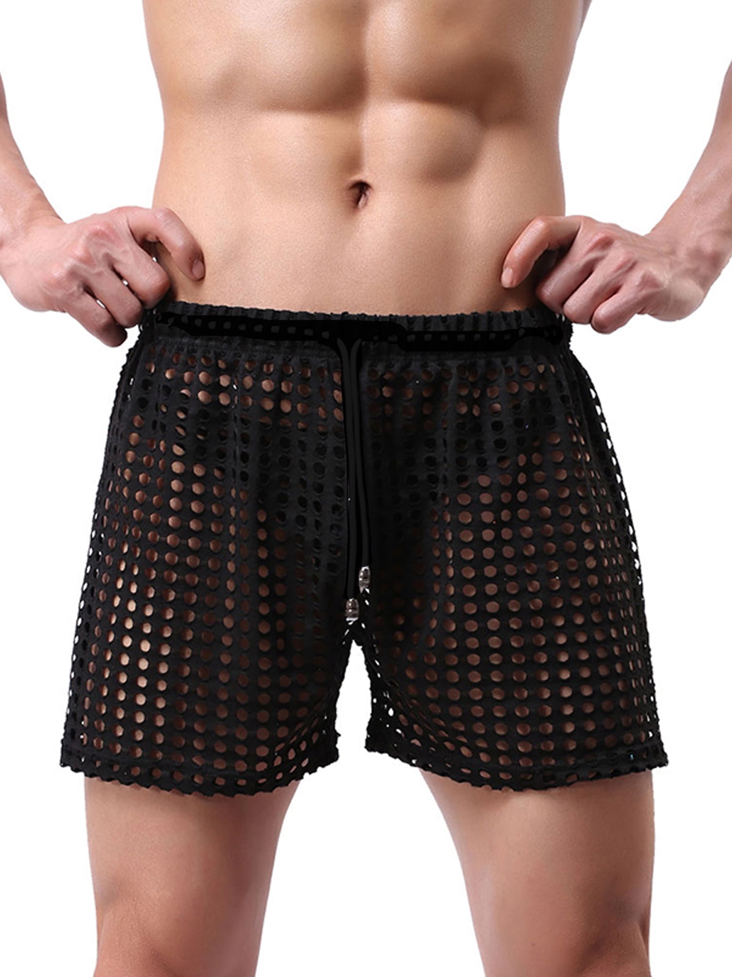 Hnyenmcko Men's Hollow See Through Shorts Mesh Drawstring Loose
