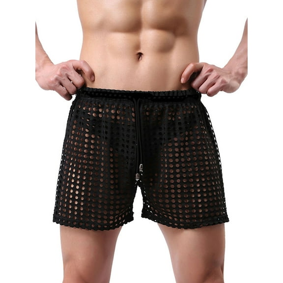Men's Hollow See Through Shorts Drawstring Loose Lounge Pants Swim Shorts Cover Up Boxer Trunks