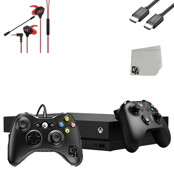 Pre-Owned Microsoft Xbox One X 1TB Black Gaming Console With 2 Controller   Gaming Earbuds With Microphone BOLT AXTION Bundle Used