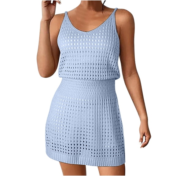 Staron Summer Beach Cover Up for Women Crochet Hollow Out Knit Swimwear Cover Ups Vacation Dresses Sleeveless Round Neck Loose Casual Boho, Blue XL