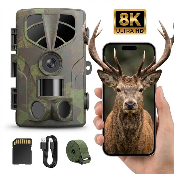 QUNSE Trail Camera, WiFi Bluetooth 60MP/8K Game Camera with 0.2s Trigger, No-Glow Night Vision 65ft, 120° Wide Angle, IP66 Waterproof, 2" Screen, 32GB SD Card Included