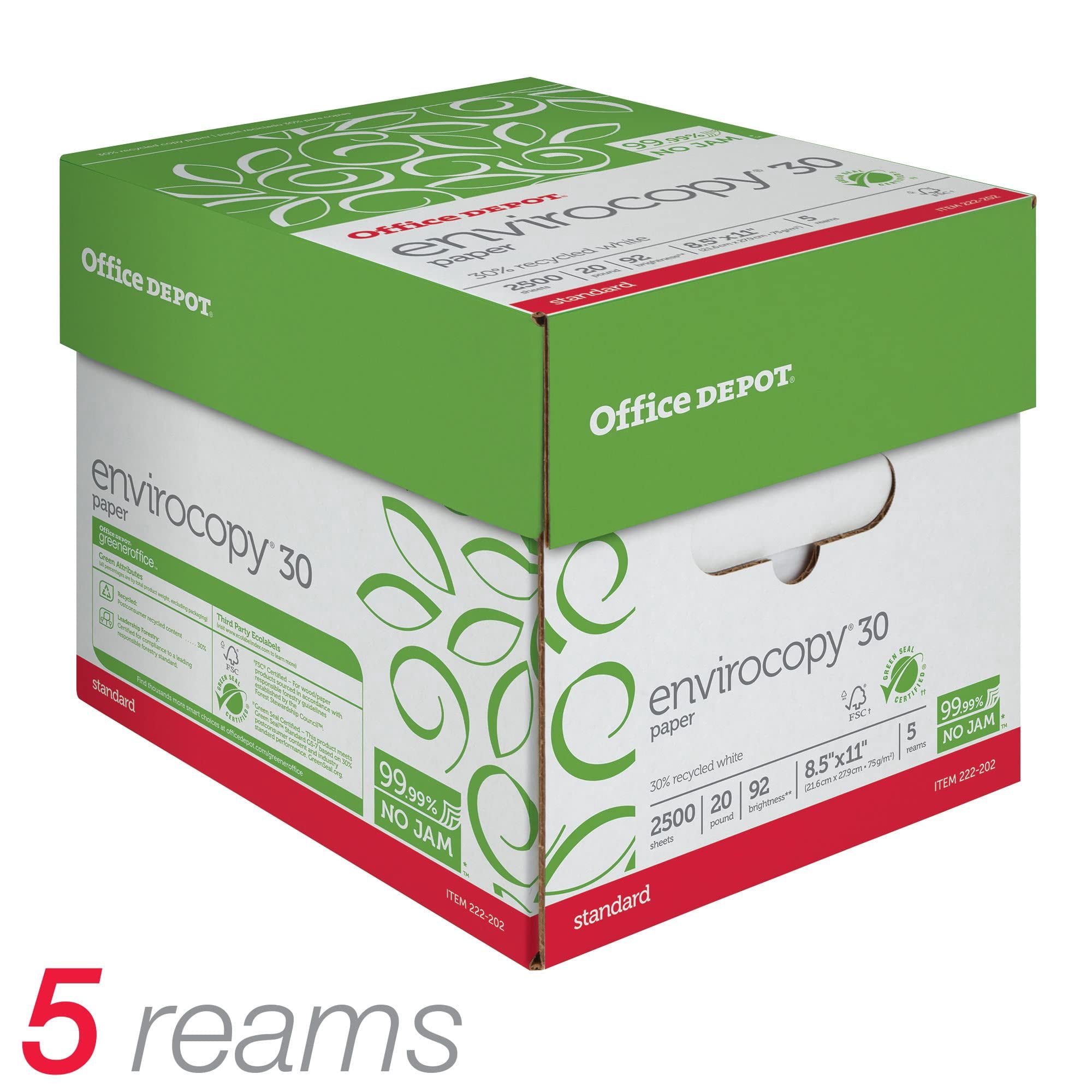 Office Depot EnviroCopy 30 Paper, 8 1/2in x 11in, 20 Lb, 30% Recycled, FSC Certified, 500 Sheets Per Ream, 5 Reams, 40430