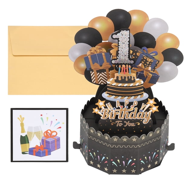 Tarjeta de cumpleaños Uxcell 1th, tarjeta de cumpleaños pop-out feliz cumpleaños con tarjeta de felicitación y sobre para regalo de niño, negro y dorado