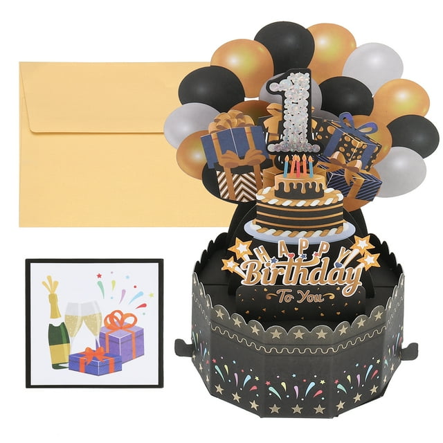 1th Birthday Card, Pop-Out Birthday Card Happy Birthday with Greeting Card and Envelope for Boy Gift, Black Gold
