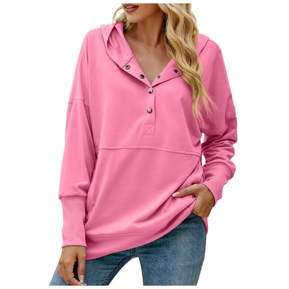 RQYYD Women Casual Button V Neck Hoodies Long Sleeve Hooded Sweatshirt Casual Loose Pullover Tops Pink M